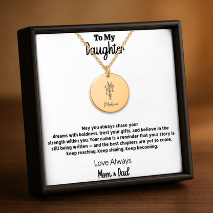 Personalized Daughter Necklace from Mom and Dad | Custom Name Birth Flower Disc Pendant | Engraved Gift for Daughter