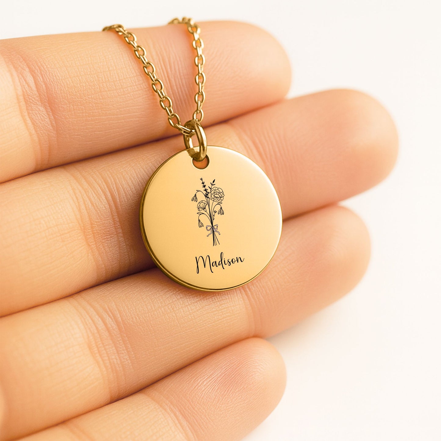 Personalized Daughter Necklace from Mom and Dad | Custom Name Birth Flower Disc Pendant | Engraved Gift for Daughter