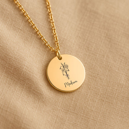 Personalized Daughter Necklace from Mom and Dad | Custom Name Birth Flower Disc Pendant | Engraved Gift for Daughter