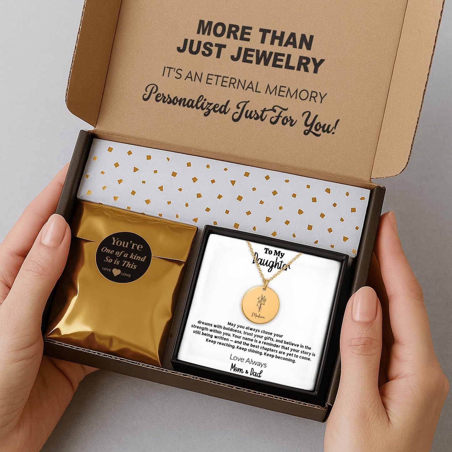 Personalized Daughter Necklace from Mom and Dad | Custom Name Birth Flower Disc Pendant | Engraved Gift for Daughter