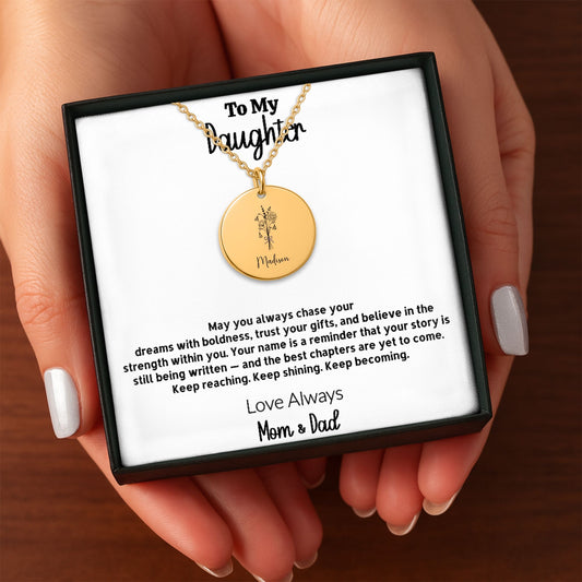 Personalized Daughter Necklace from Mom and Dad | Custom Name Birth Flower Disc Pendant | Engraved Gift for Daughter