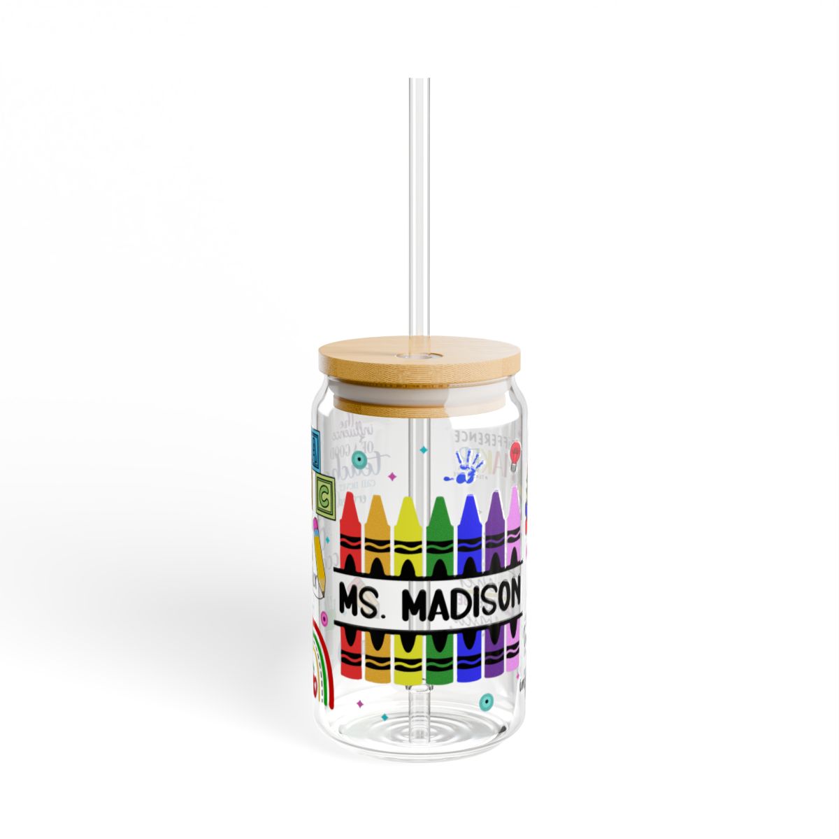 Personalized Teacher Sipper Glass – 16oz with Optional Bamboo Lid & Straw