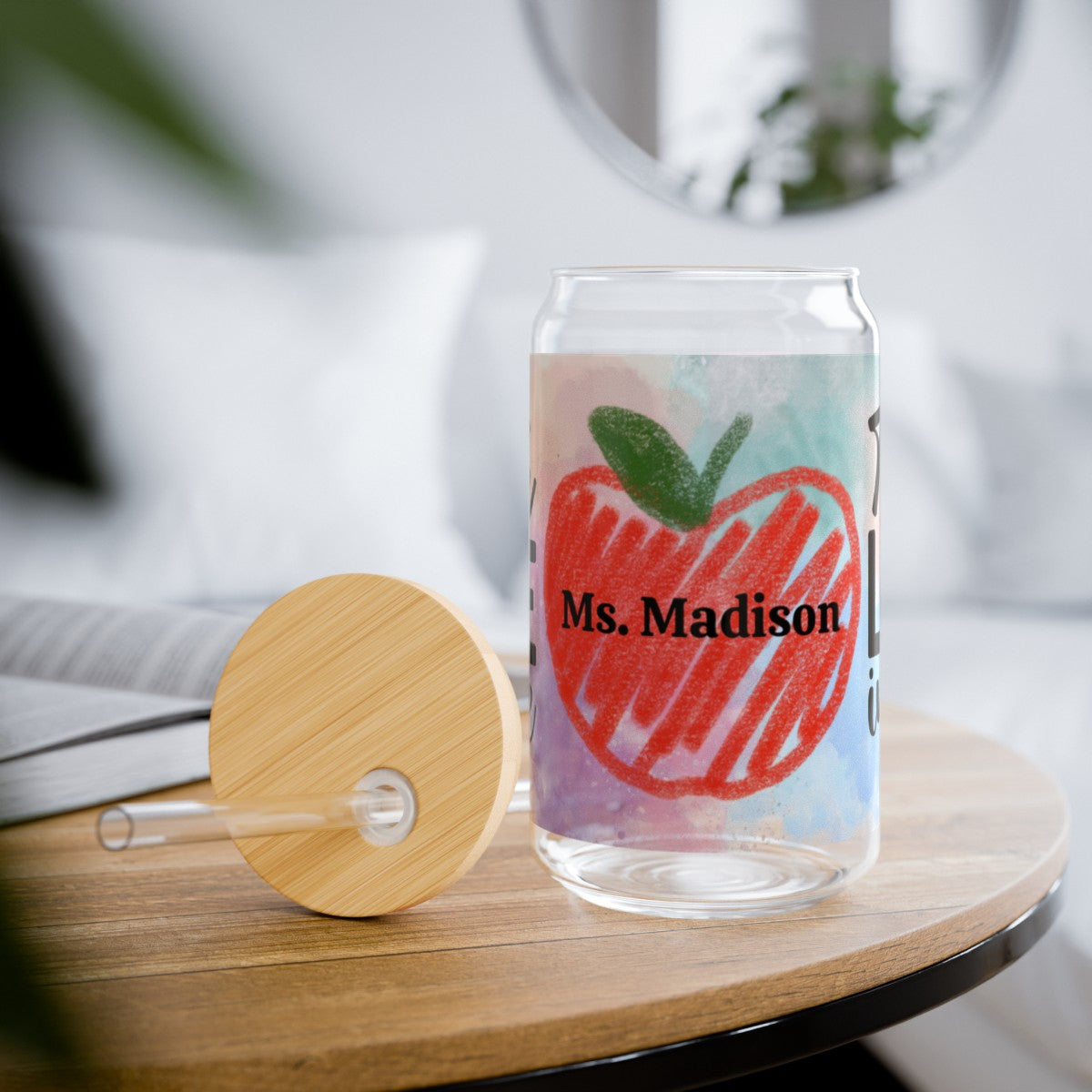 Personalized Sipper Glass with red crayon colored apple. 