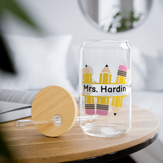 Personalized Pencil Sipper Glass with straw and lid. 