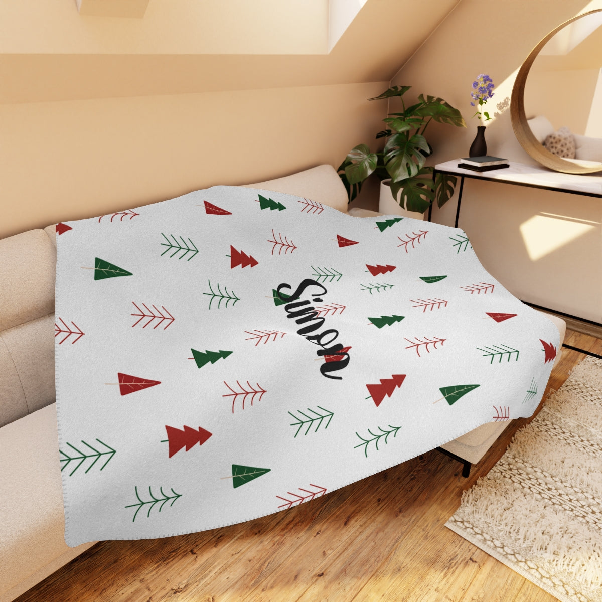 Personalized Green and Red Tree Tan Sherpa Blanket – Cozy, Customizable, and Festive