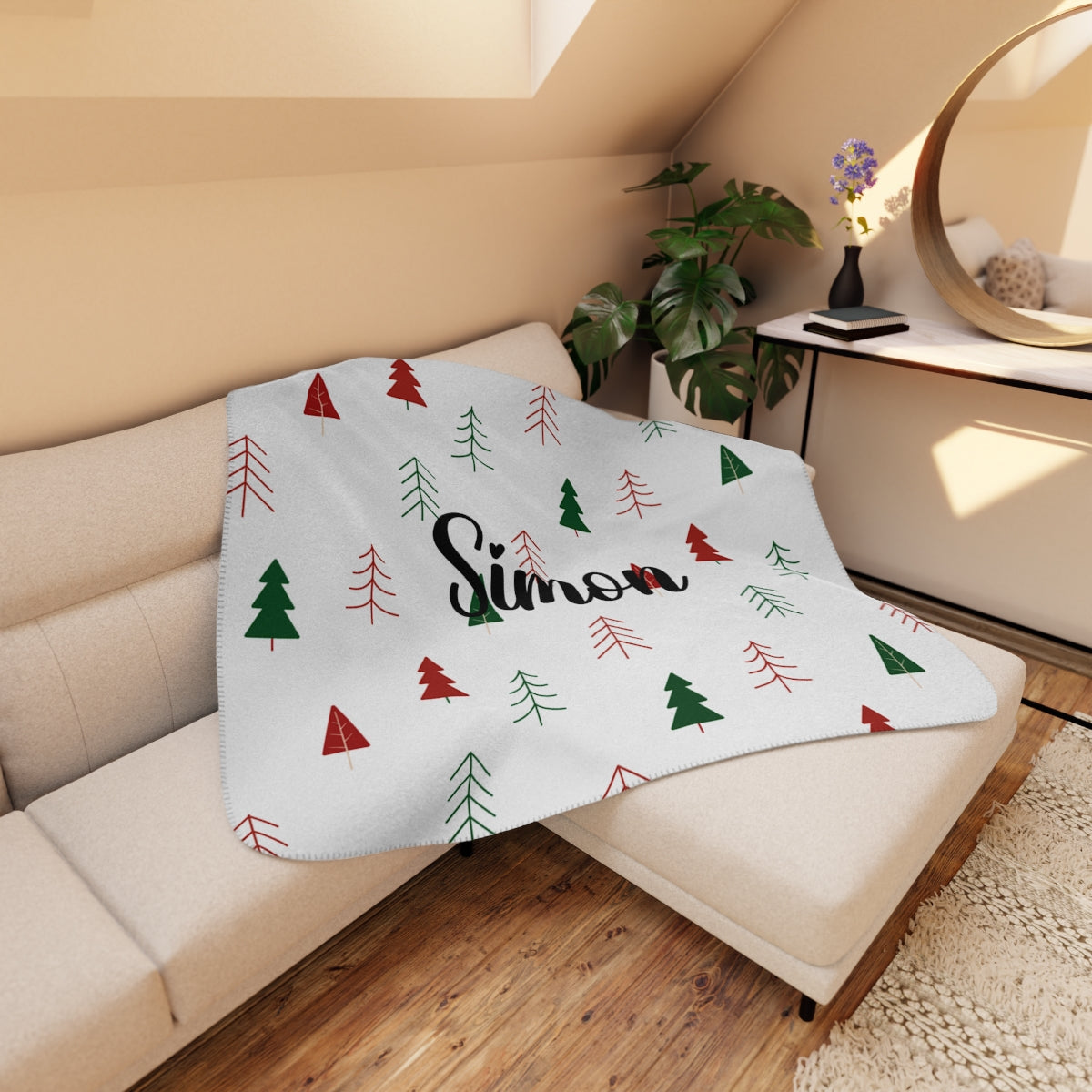 Personalized Green and Red Tree Tan Sherpa Blanket – Cozy, Customizable, and Festive