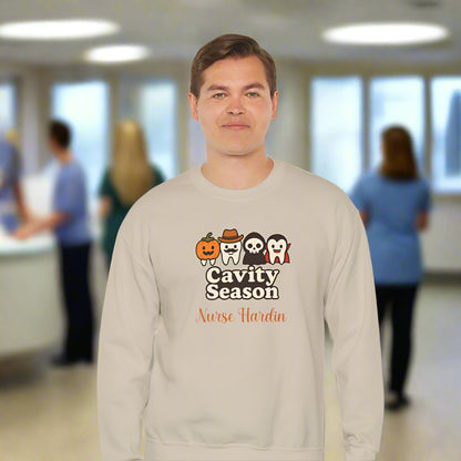 Personalized Halloween Dental Sweatshirt – "Cavity Season" with Cute Tooth Characters – Custom Name Dentist Hygienist Fall Crewneck