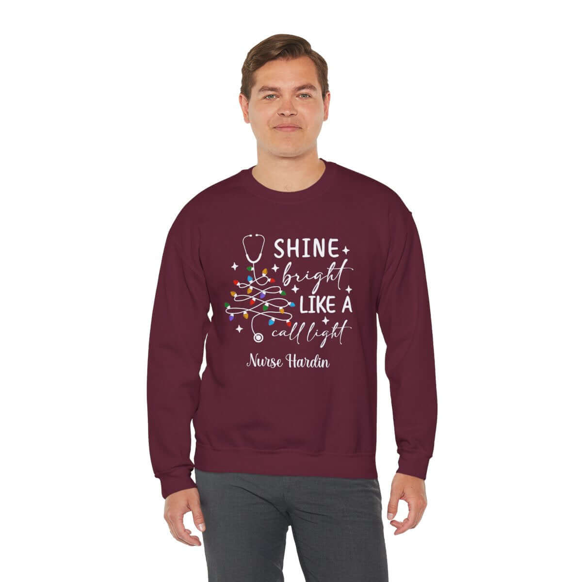 Shine Bright Like a Call Light Christmas Nurse Sweatshirt – Unisex Cozy Stethoscope Tree Crewneck for Healthcare Workers-Personalized