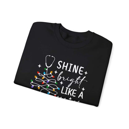 Shine Bright Like a Call Light Christmas Nurse Sweatshirt – Unisex Cozy Stethoscope Tree Crewneck for Healthcare Workers-Personalized