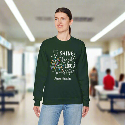 Shine Bright Like a Call Light Christmas Nurse Sweatshirt – Unisex Cozy Stethoscope Tree Crewneck for Healthcare Workers-Personalized