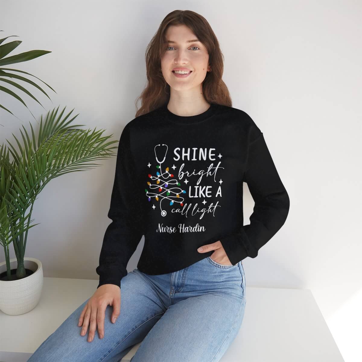 Shine Bright Like a Call Light Christmas Nurse Sweatshirt – Unisex Cozy Stethoscope Tree Crewneck for Healthcare Workers-Personalized