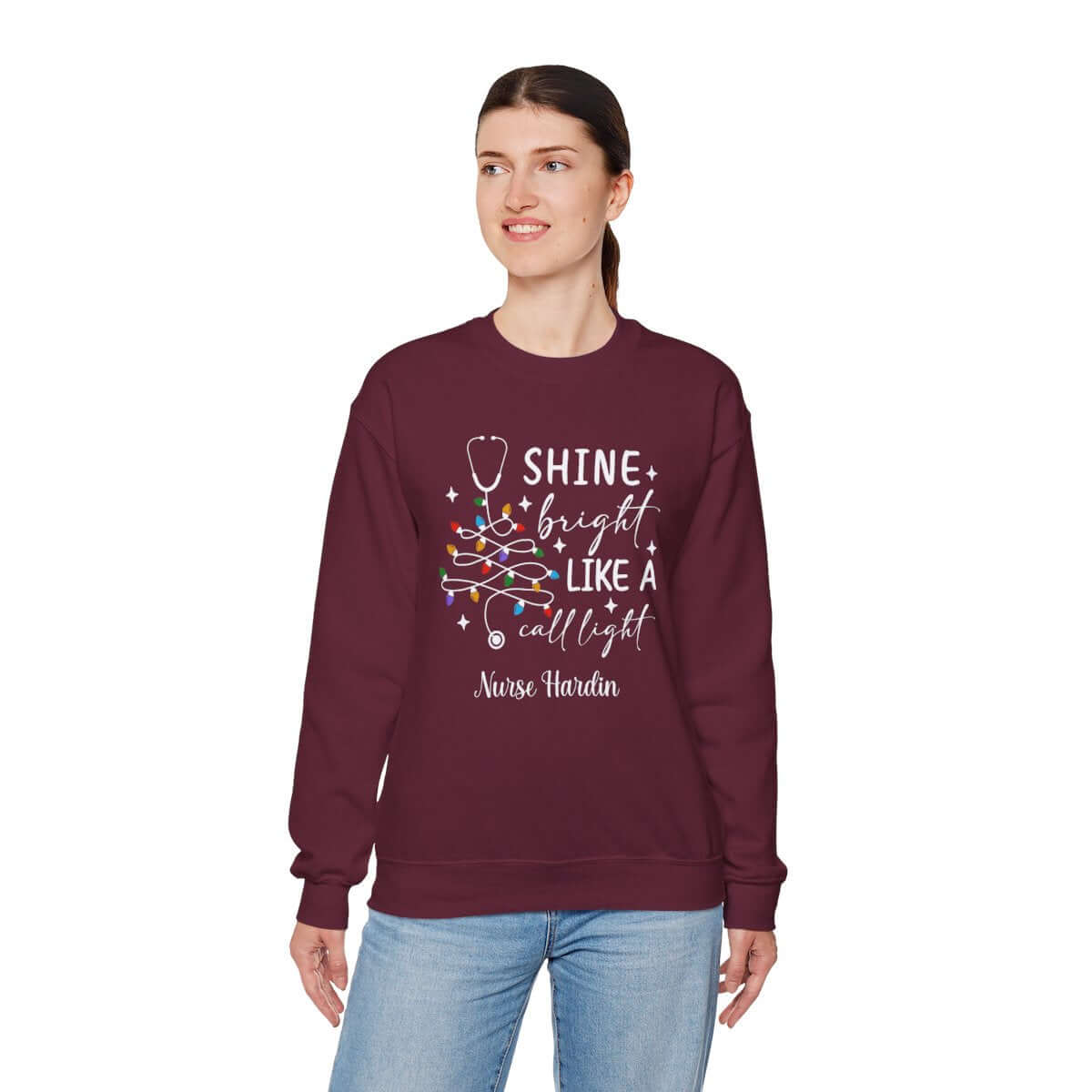 Shine Bright Like a Call Light Christmas Nurse Sweatshirt – Unisex Cozy Stethoscope Tree Crewneck for Healthcare Workers-Personalized