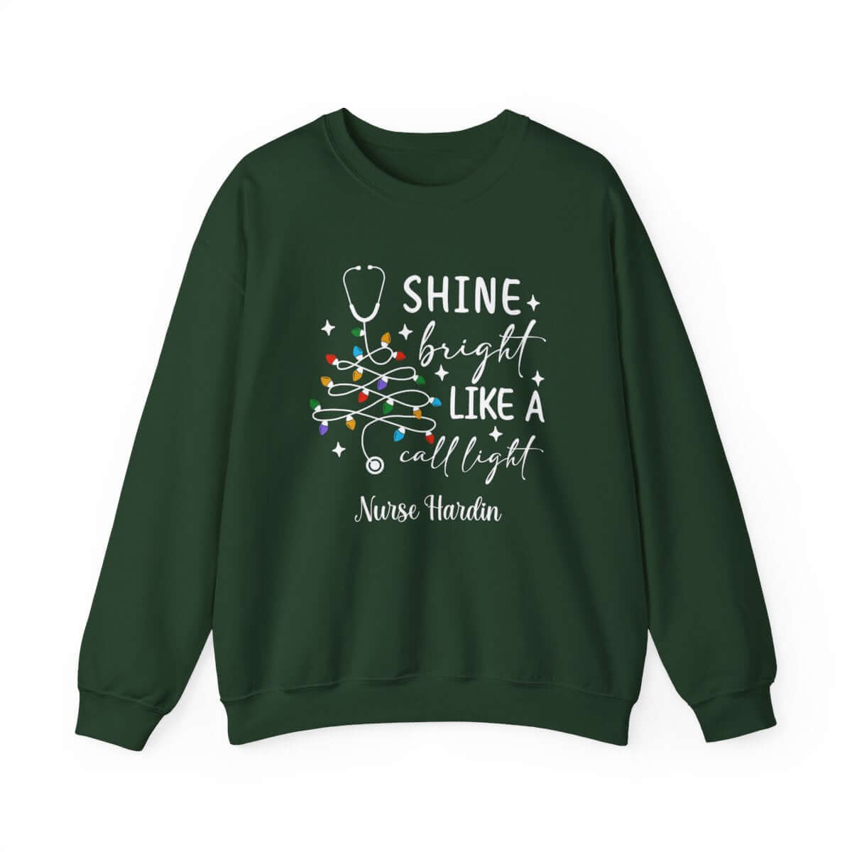 Shine Bright Like a Call Light Christmas Nurse Sweatshirt – Unisex Cozy Stethoscope Tree Crewneck for Healthcare Workers-Personalized