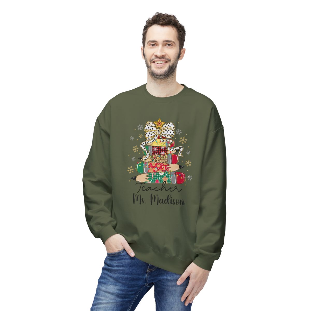 Festive “Teacher Pencil Tree” Christmas Sweatshirt – Cozy Gildan® SF000 Eco-Friendly Cotton Blend