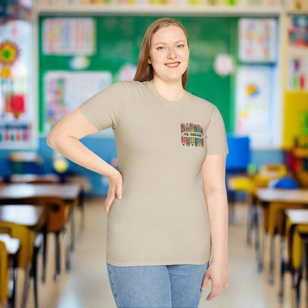 "Personalized teacher t-shirt with custom name on the front and 'Welcome Back to School' text on the back – soft unisex cotton shirt perfect for back-to-school season"