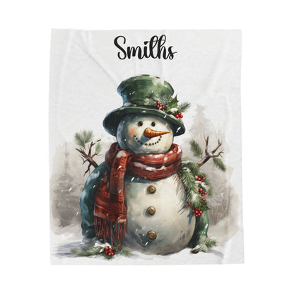 Personalized Snowman Family Name Velveteen Plush Blanket