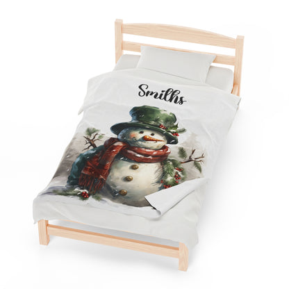 Personalized Snowman Family Name Velveteen Plush Blanket