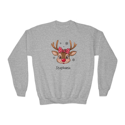 Personalized Girls' Christmas Reindeer– Cozy Holiday Wear Youth Crewneck Sweatshirt