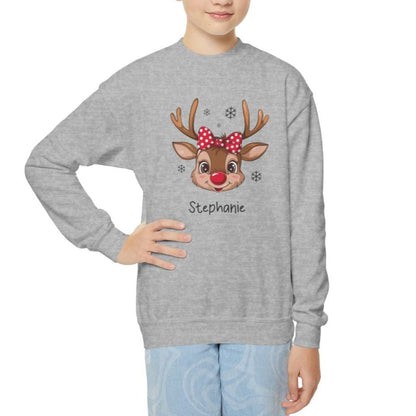 Personalized Girls' Christmas Reindeer– Cozy Holiday Wear Youth Crewneck Sweatshirt