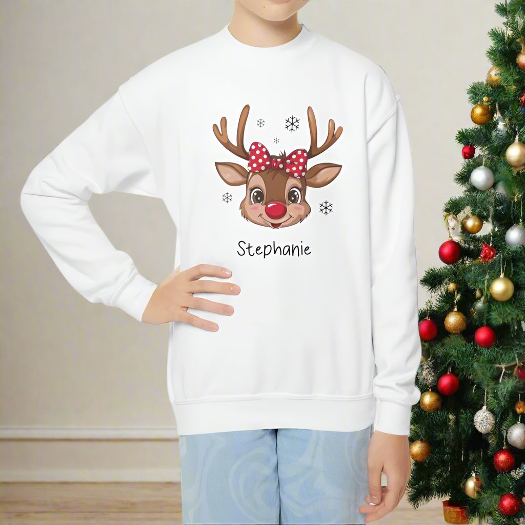 Personalized Girls' Christmas Reindeer– Cozy Holiday Wear Youth Crewneck Sweatshirt