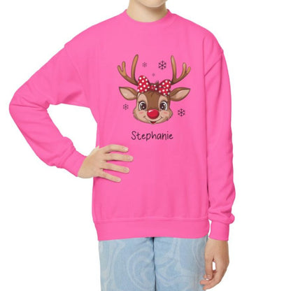 Personalized Girls' Christmas Reindeer– Cozy Holiday Wear Youth Crewneck Sweatshirt