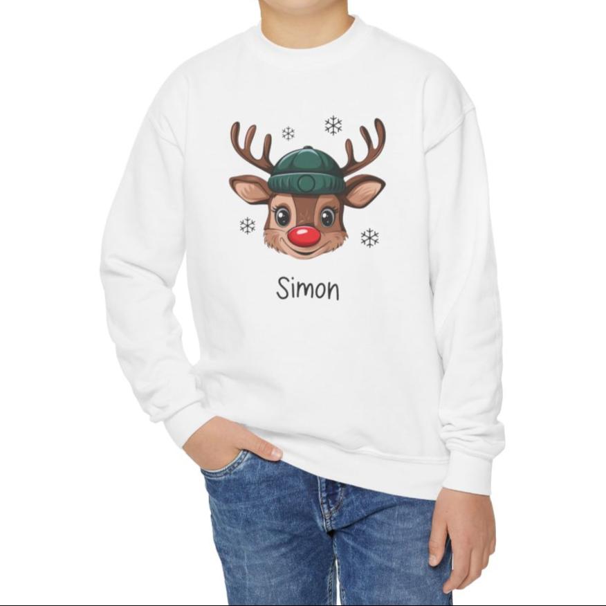 Personalized Boys' Christmas Reindeer– Festive and Cozy Youth Crewneck Sweatshirt