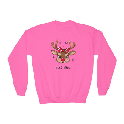 Personalized Girls' Christmas Reindeer– Cozy Holiday Wear Youth Crewneck Sweatshirt