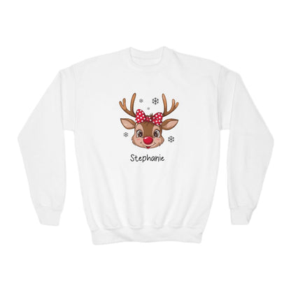 Personalized Girls' Christmas Reindeer– Cozy Holiday Wear Youth Crewneck Sweatshirt