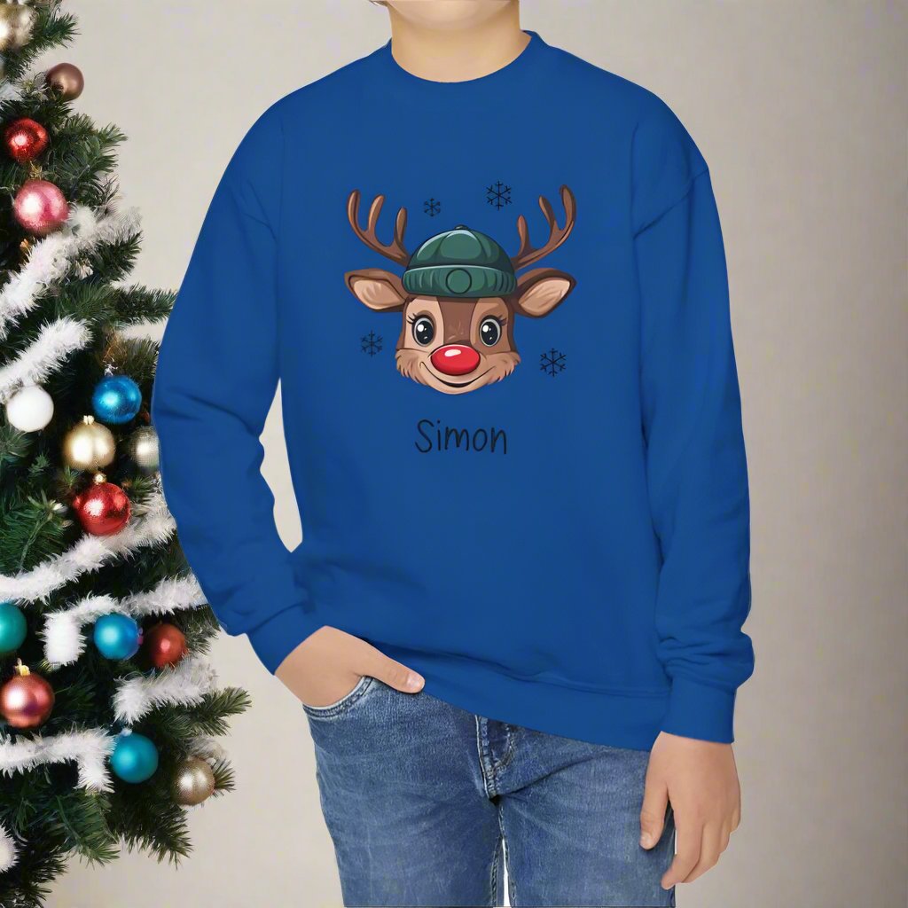 Personalized Boys' Christmas Reindeer– Festive and Cozy Youth Crewneck Sweatshirt